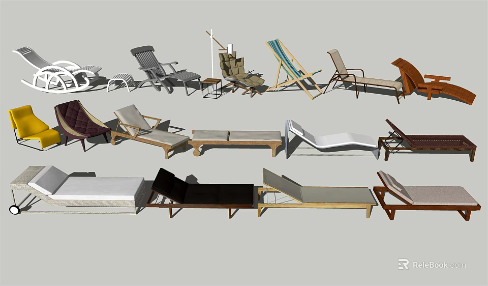 Different Types of Outdoor Lounge Chairs With Wooden Metal and Fabric Materials 3d model 