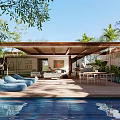 Courtyard Garden With Brick Building Open Door Lawn Small Trees Pergola Blue Sofa And Pool