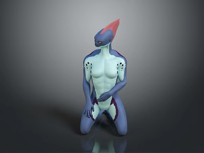 Blue Humanoid Creature With Red Head White Body Markings And Kneeling Posture On Reflective Surface 3d model