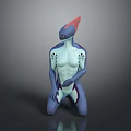 Blue Humanoid Creature With Red Head White Body Markings And Kneeling Posture On Reflective Surface 3d model