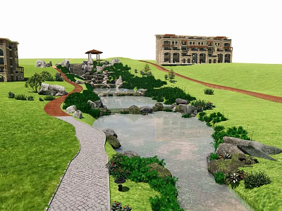 Tranquil Garden Landscape With Flowing Stream Rocks Pathway And Lush Lawn Near Buildings 3d model