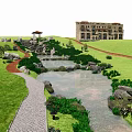 Tranquil Garden Landscape With Flowing Stream Rocks Pathway And Lush Lawn Near Buildings