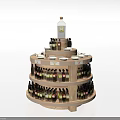 Multi Tiered Circular Wooden Display Shelf With Neatly Arranged Bottles And Labels