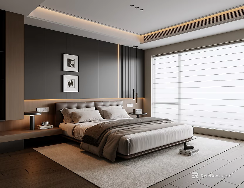 Modern Bedroom Interior Design With Gray Headboard Artwork Light Carpet And Roller Blinds 3d model 
