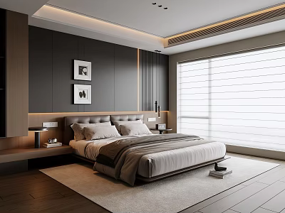 Modern Bedroom Interior Design With Gray Headboard Artwork Light Carpet And Roller Blinds 3d model