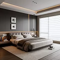 Modern Bedroom Interior Design With Gray Headboard Artwork Light Carpet And Roller Blinds