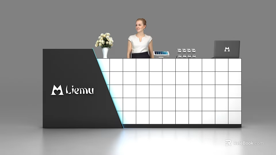 Modern Black And White Reception Desk With Liemu Logo Flower Vase Laptop And Staff 3d model 