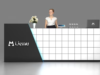 Modern Black And White Reception Desk With Liemu Logo Flower Vase Laptop And Staff 3d model