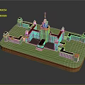 Cartoon Scene 3D Model of Castle with Multiple Towers Spires Green Grass and Red Steps