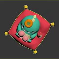 Cute Green Dino Holding Piggy Toys With Little Pink Companion On Red Cushion
