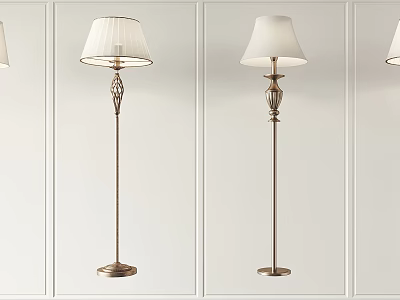 Vintage Floor Lamps With White Lampshade And Decorative Metal Pole On Light Wall 3d model