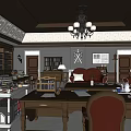 Traditional Office Interior With Wooden Bookshelves Stacked Books Large Desk And Floor Lamp