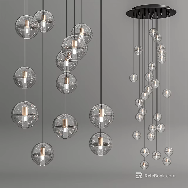 Stylish Hanging Crystal Chandeliers with Transparent Glass Balls and Bright Illumination Design 3d model 