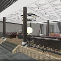 Elegant Traditional Chinese Style Restaurant With Wooden Pillars Warm Ambient Lighting And Comfortable Lounge Seating