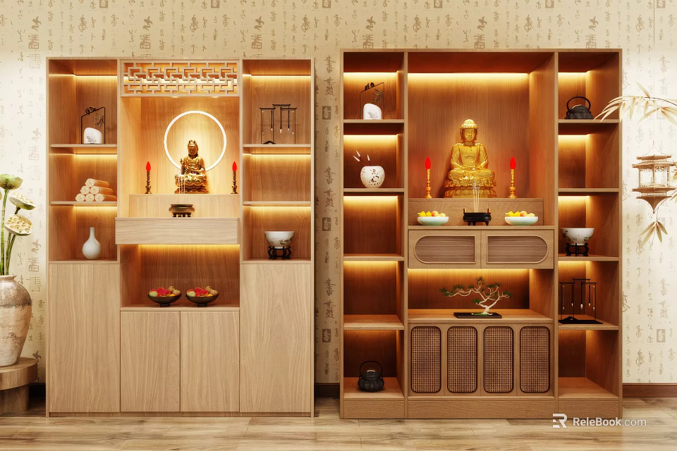 Traditional Wooden Buddhist Shrine Cabinet Featuring Built In Lighting Buddha Statue And Decorative Shelves 3d model 