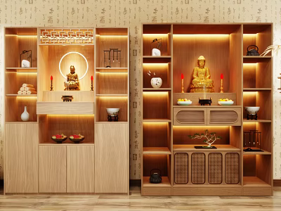 Traditional Wooden Buddhist Shrine Cabinet Featuring Built In Lighting Buddha Statue And Decorative Shelves 3d model