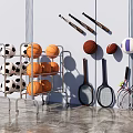 Sports Equipment Storage With Metal Rack Soccer Basketball Volleyball Baseball Bats Tennis Rackets