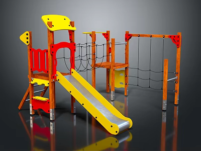 Wooden Playground Equipment With Yellow Slide Red Climbing Net And Platforms 3d model