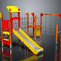 Wooden Playground Equipment With Yellow Slide Red Climbing Net And Platforms