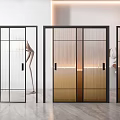 Modern Glass Sliding Doors With Black Frames And Vertical Striped Panels 3d model