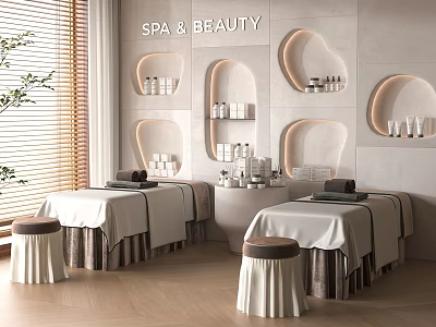 Elegant Modern SPA Beauty Room With Curved Shelves Bottles Massage Tables And Blinds 3d model