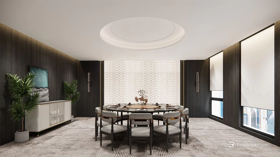 Elegant Private Dining Room Interior With Round Table Chairs Textured Walls And Circular Ceiling Light 3d model 