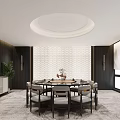 Elegant Private Dining Room Interior With Round Table Chairs Textured Walls And Circular Ceiling Light
