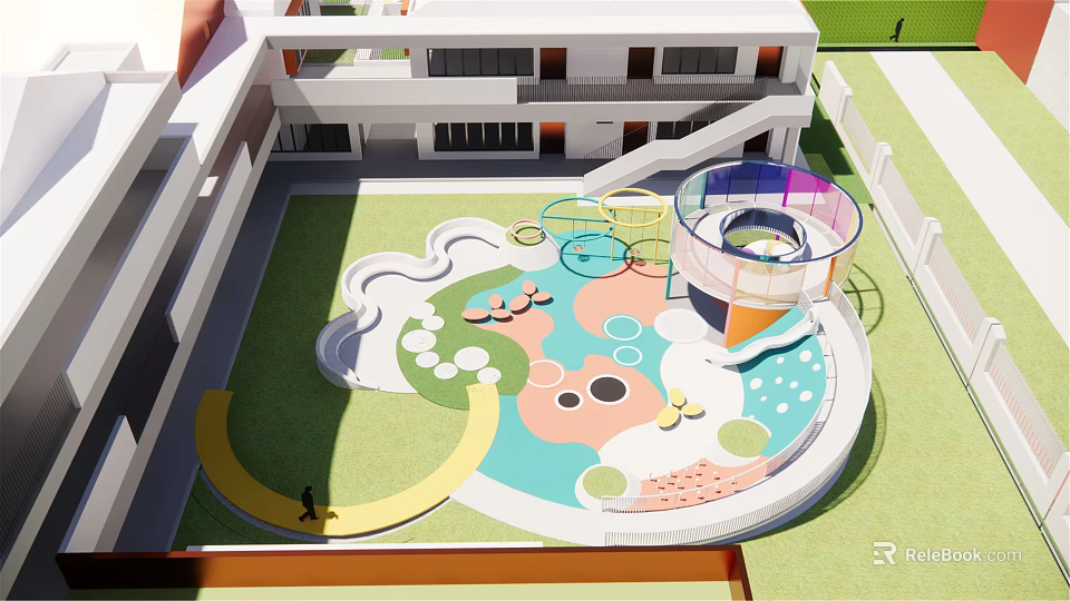 Colorful Children's Play Area With Circular Structures Slides And Green Lawn Design 3d model 