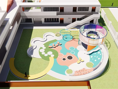 Colorful Children's Play Area With Circular Structures Slides And Green Lawn Design 3d model