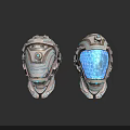 Two Futuristic Sci-Fi Character Helmets With Mechanical Design And Blue Illuminated Visors