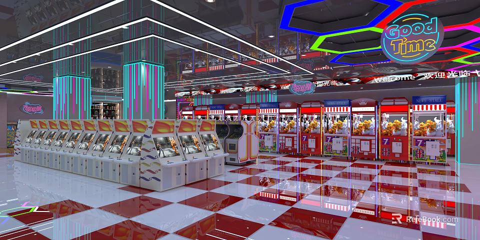 Colorful Amusement Arcade With Claw Game Machines Bright Lighting And Checkered Floor Tiles 3d model 