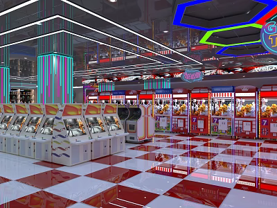 Colorful Amusement Arcade With Claw Game Machines Bright Lighting And Checkered Floor Tiles 3d model
