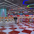 Colorful Amusement Arcade With Claw Game Machines Bright Lighting And Checkered Floor Tiles
