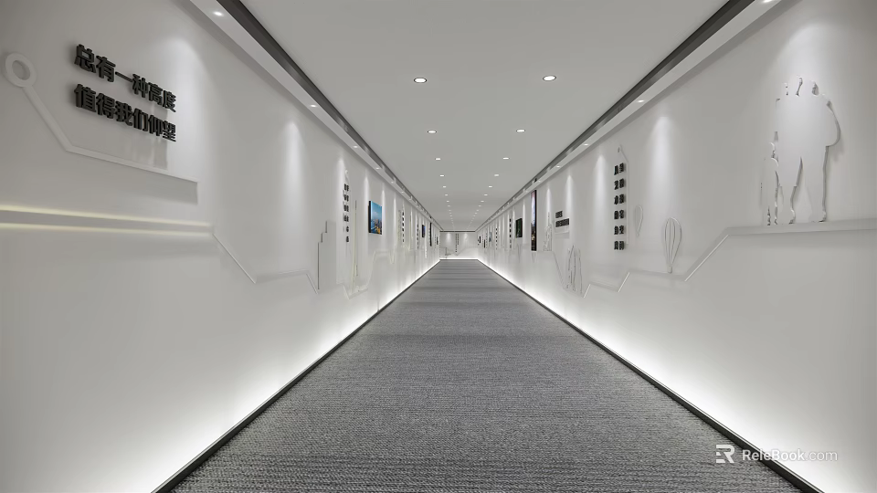 Modern Elevator Corridor Interior Design With Recessed Lighting Gray Flooring And White Walls 3d model 