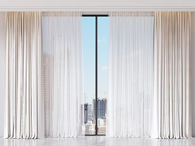 White Modern Curtains With Sheer Panels And City View Through Window 3d model