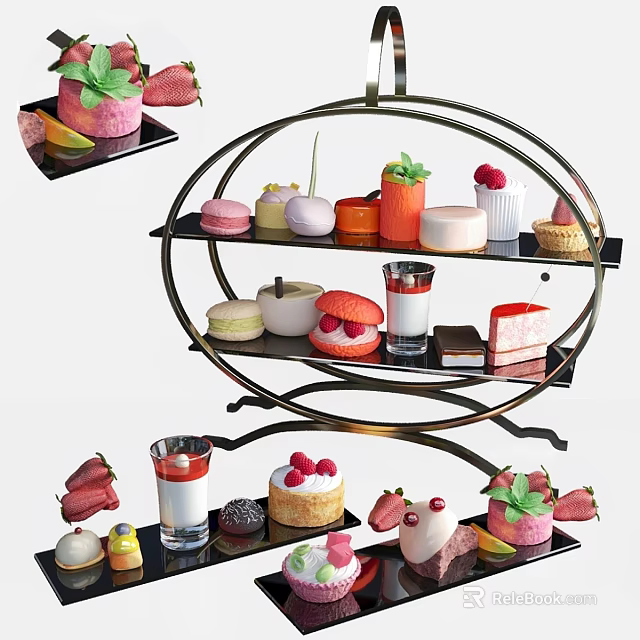 Tiered Dessert Stand Display With Macarons Strawberry Cakes Cream Desserts And Fresh Strawberries 3d model 