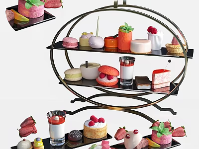 Tiered Dessert Stand Display With Macarons Strawberry Cakes Cream Desserts And Fresh Strawberries 3d model