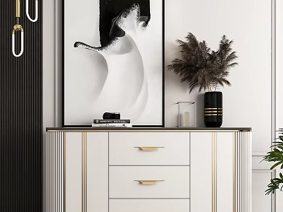 Elegant Modern Entryway Cabinet Sideboard With Gold Handles Black Countertop Decorative Painting And Dried Flowers 3d model