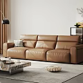 Leisure Brown Leather Sofa Set With Marble Coffee Table Floor Lamp And Decorative Painting