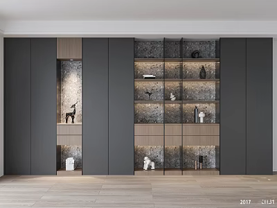 Modern Bookcase Interior Design With Wooden Frame Glass Doors And Decorative Ornaments 3d model