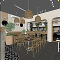 Cozy Café Interior With Wicker Pendant Lights Wooden Tables Milk Tea Sign And Green Plants