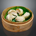 Traditional Steamed Dumplings Served in Bamboo Steamer with Fresh Lotus Leaves