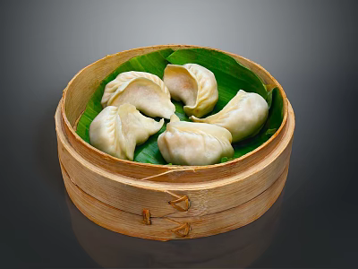 Traditional Steamed Dumplings Served in Bamboo Steamer with Fresh Lotus Leaves 3d model