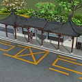 Traditional Chinese Style Bus Station with Pavilion Roof Arched Doors and Green Trees