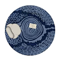 Deep Blue Round Rug With Concentric Circles Design Featuring Open Book And White Cushioned Seat