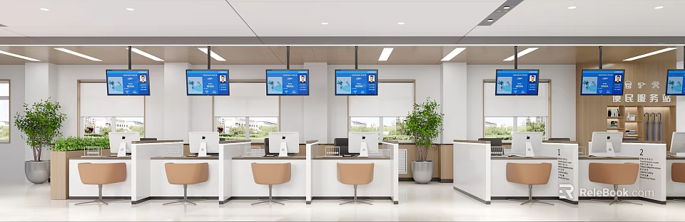 Modern Service Hall Interior With Counters Computers Seats Hanging Screens And Plants 3d model 