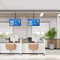 Modern Service Hall Interior With Counters Computers Seats Hanging Screens And Plants 3d model