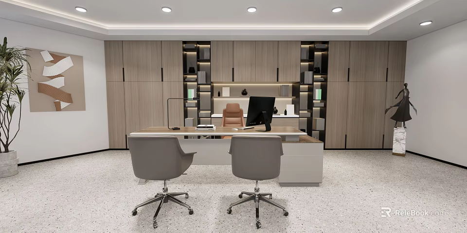 Modern Office Interior Design With Spacious Desk Two Gray Chairs Wooden Cabinets And Ceiling Lighting 3d model 
