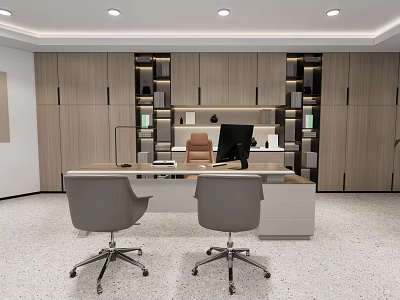 Modern Office Interior Design With Spacious Desk Two Gray Chairs Wooden Cabinets And Ceiling Lighting 3d model
