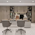 Modern Office Interior Design With Spacious Desk Two Gray Chairs Wooden Cabinets And Ceiling Lighting